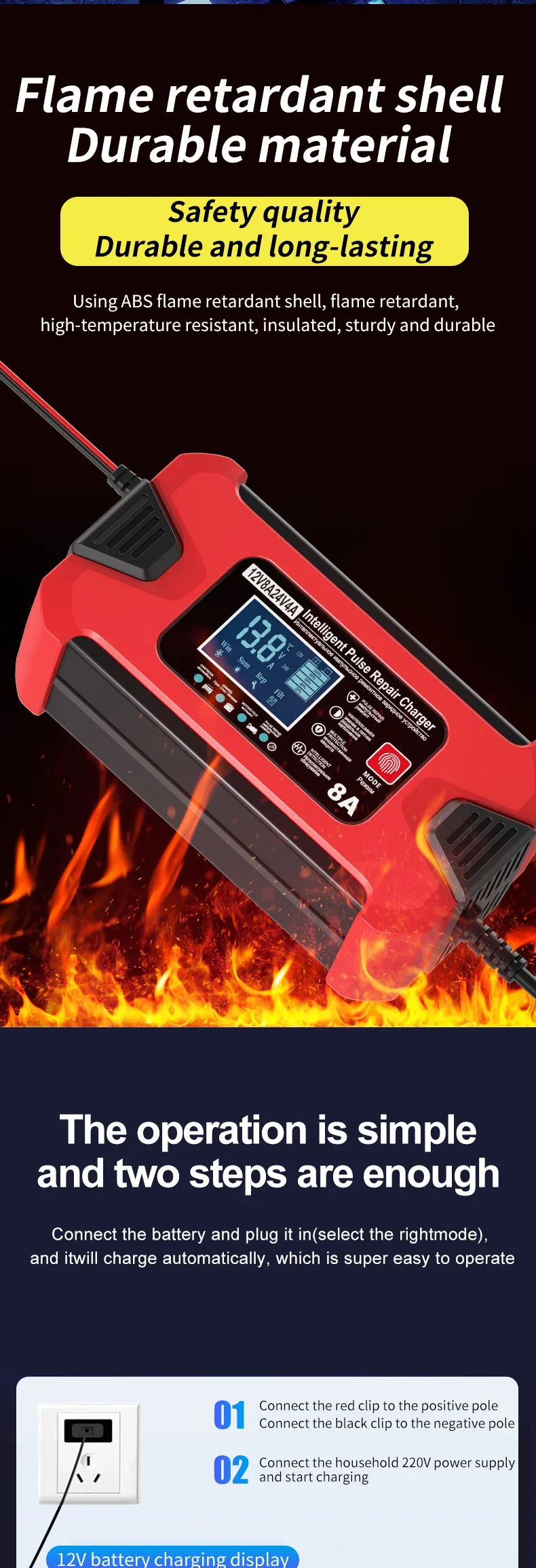 Battery Charger 12V 8A  24V 4A Smart Fast Charging for Car Batteries 8-Stage Charge Pulse Repair for AGM GEL WET Lead Acid