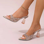 Elegant Pointed Toe High Heels Slippers Women Summer Fashion Clear Crystal Heel Sandals Woman Shiny Sequins Banquet Party Shoes