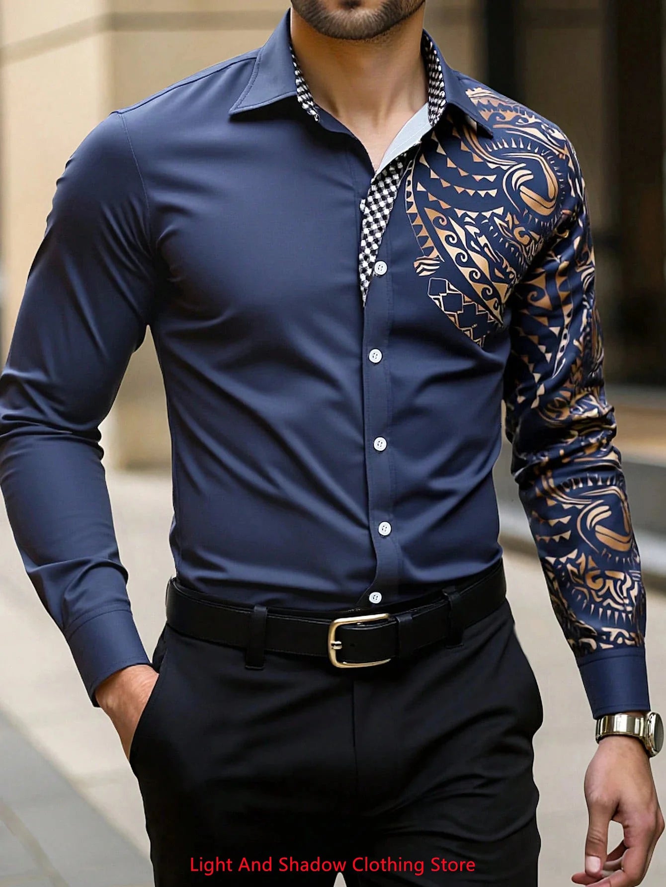 New men's fashionable business casual long sleeved shirt, classic printed collar, social party comfortable men's clothing