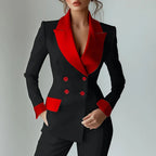 Fashion Contrast Notched Collar Women's Jacket Coat Elegant Double Breasted Office Blazer Autumn Long Sleeve Sexy Top Outerwears