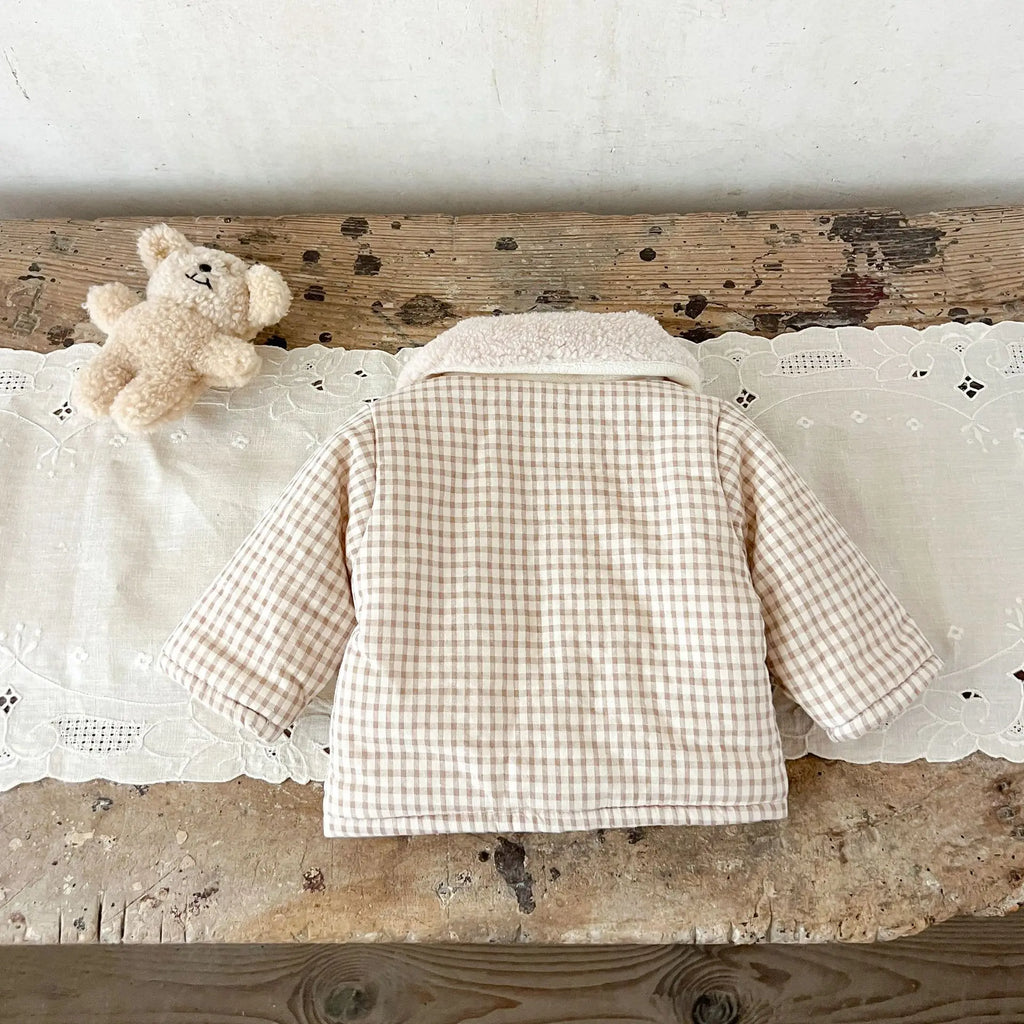 Winter Baby Girl Clothing  Plaid Coat Warm Fleece Lined Cartoon Bear Embroidery Children Cotton Padded Jacket