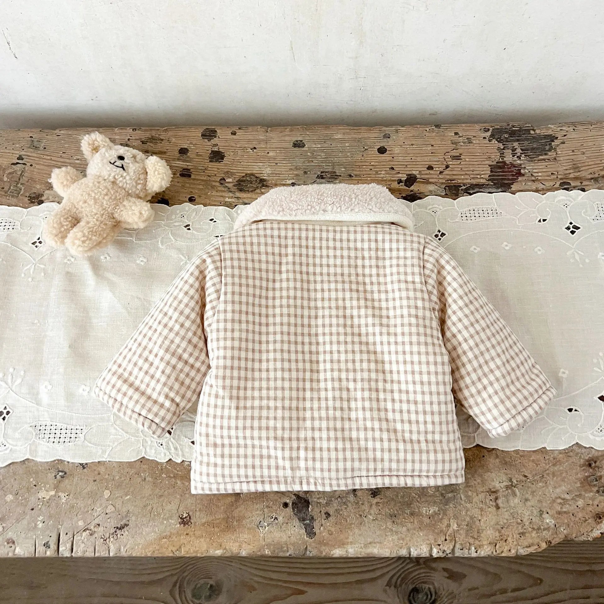 Winter Baby Girl Clothing  Plaid Coat Warm Fleece Lined Cartoon Bear Embroidery Children Cotton Padded Jacket