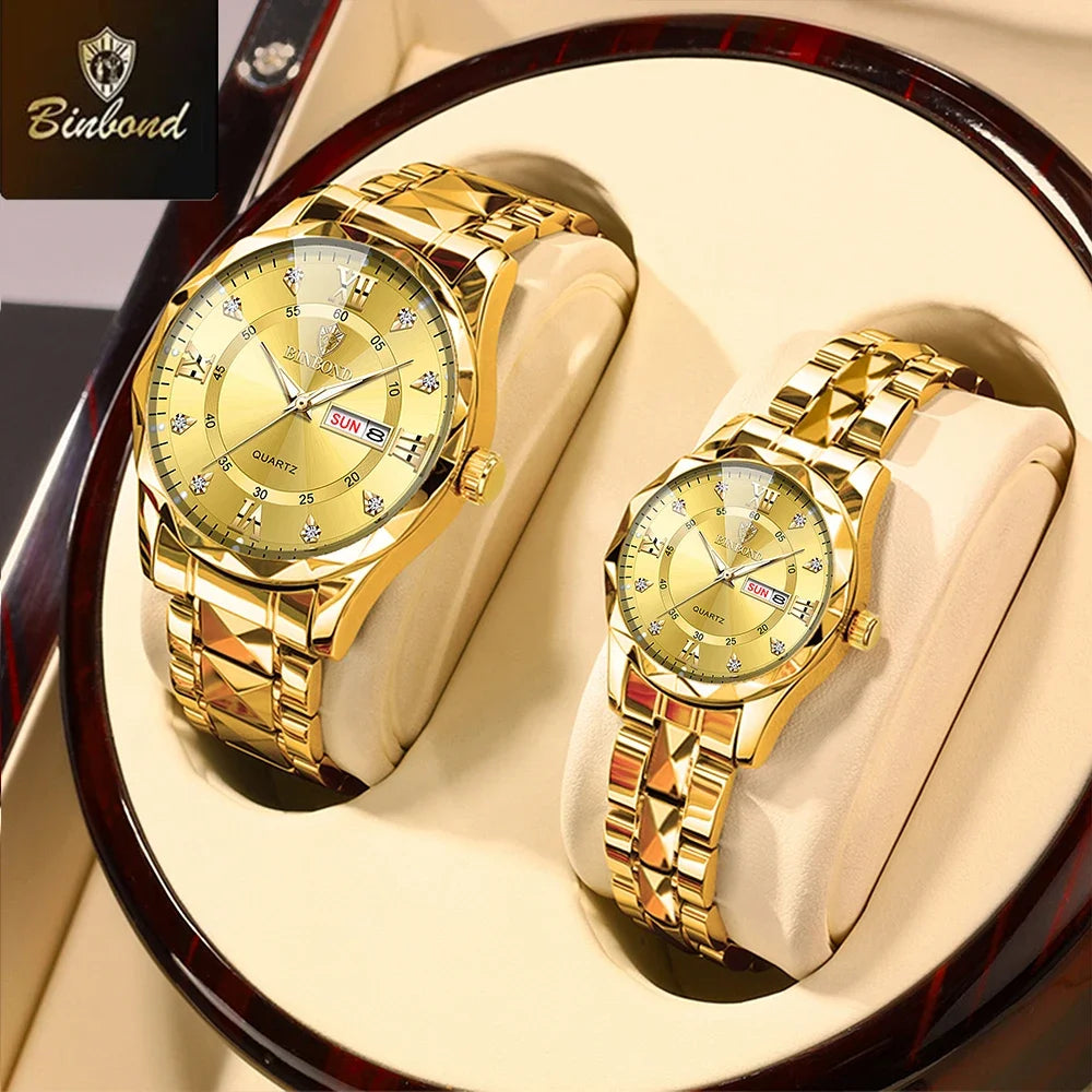 BINBOND 2pcs/Set Couple Watches 30M Waterproof Fashion Diamond Valentine Day Gift Stainless Steel Watch Men Women Quartz Watch
