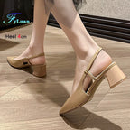 2025 New Medium Heel Woman 4cm Sandals Shallow Mouth Glossy Closed Toe Sandals One Word Buckle Temperament Summer Outdoor Shoes