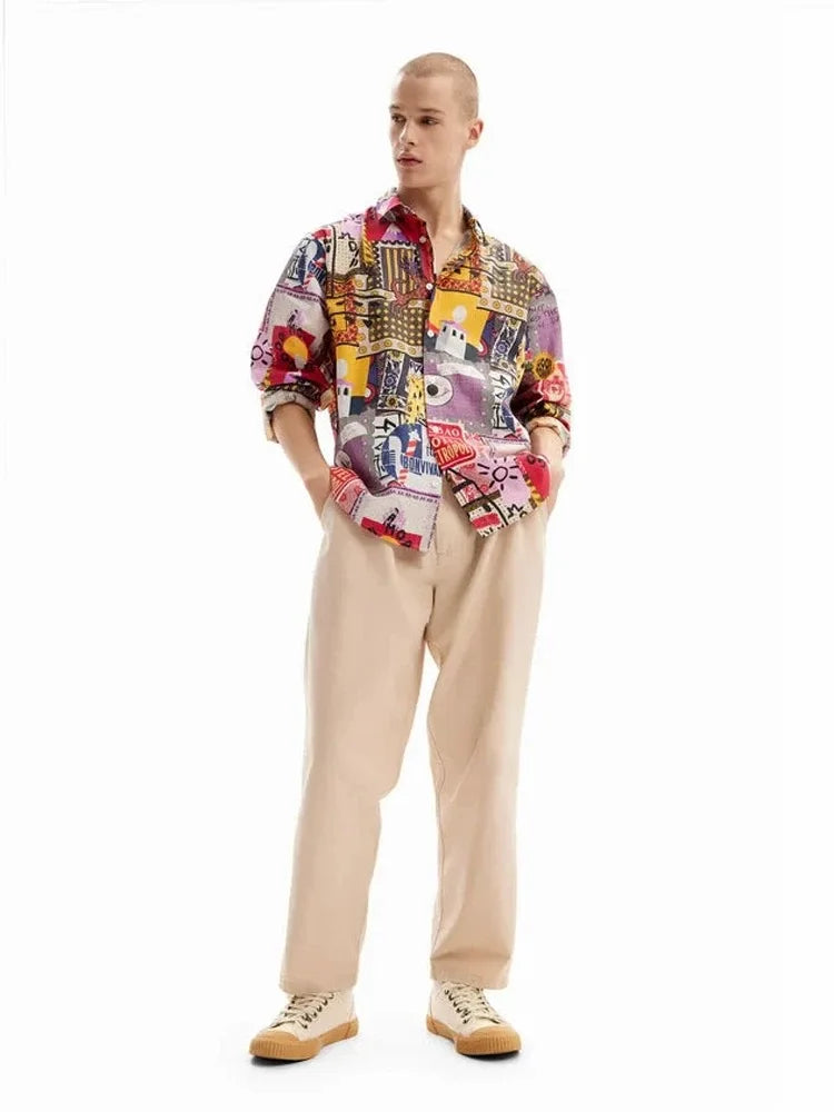 Original Spanish men's shirt with printed embroidery, designer style, light luxury, casual and loose fitting shirt