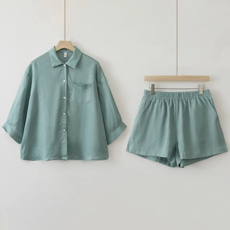 Women 2025 Summer Casual Linen Blouse Shorts Sets
