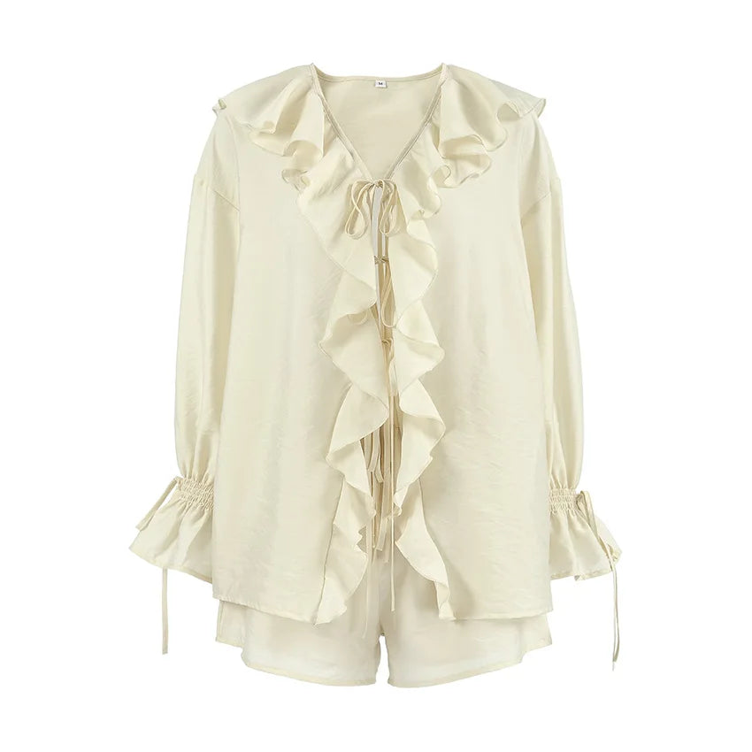Ruffled Leisure Suit with Loose Top and Shorts for Women