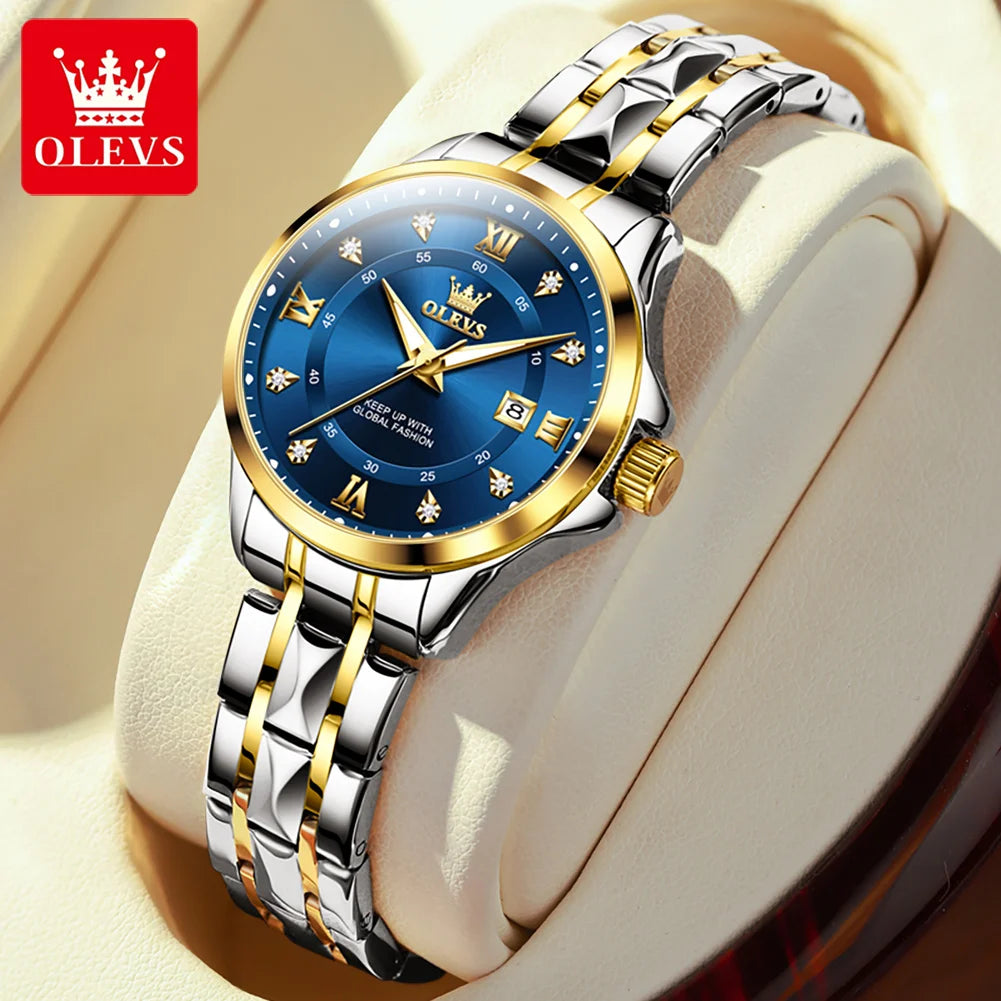 OLEVS 2906 Couple Watch Luxury Stainless Steel Waterproof Clock Fashion Roman Scale Diamond Calendar Dial Men Women Quartz Watch