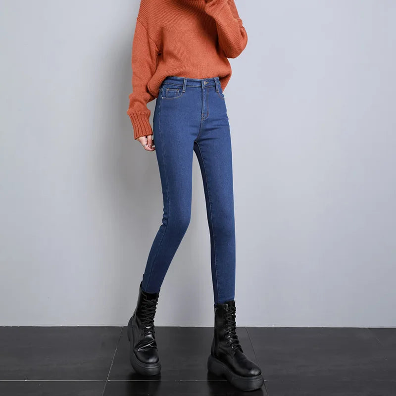 New Winter Women Snow Thermal Fleece Skinny Jeans Casual Lady Warm Velvet Thick Pencil Pants Female Basic Fleece Denim Trousers