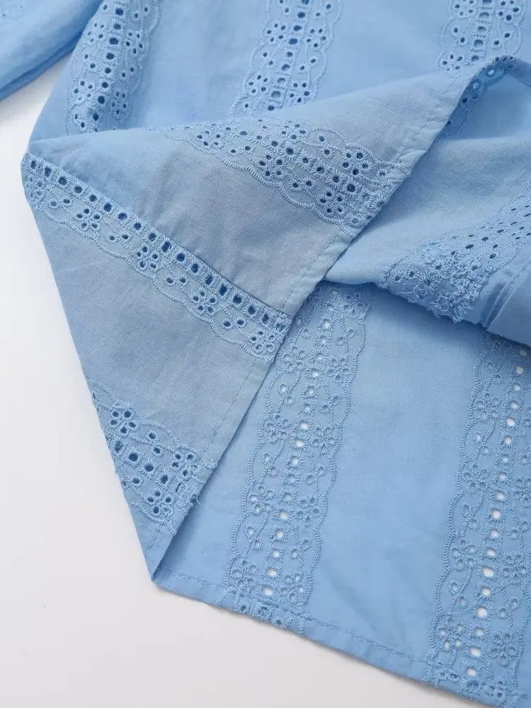 Women's Openwork Embroidered Cropped Shirt Simple V-neck Long-sleeved Single-breasted Casual Blouse Spring Summer Chic Top