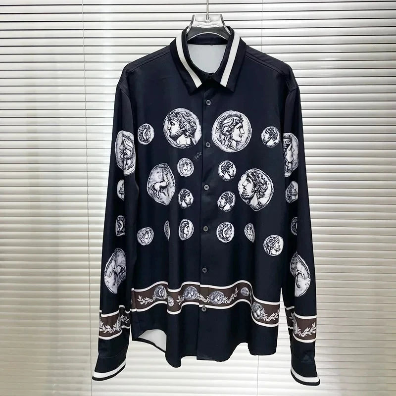 Men's shirt Vintage Character print 2025 Spring / Autumn Loose Version Classic Long-sleeved Lapel Fashion and leisure Top S-5XL
