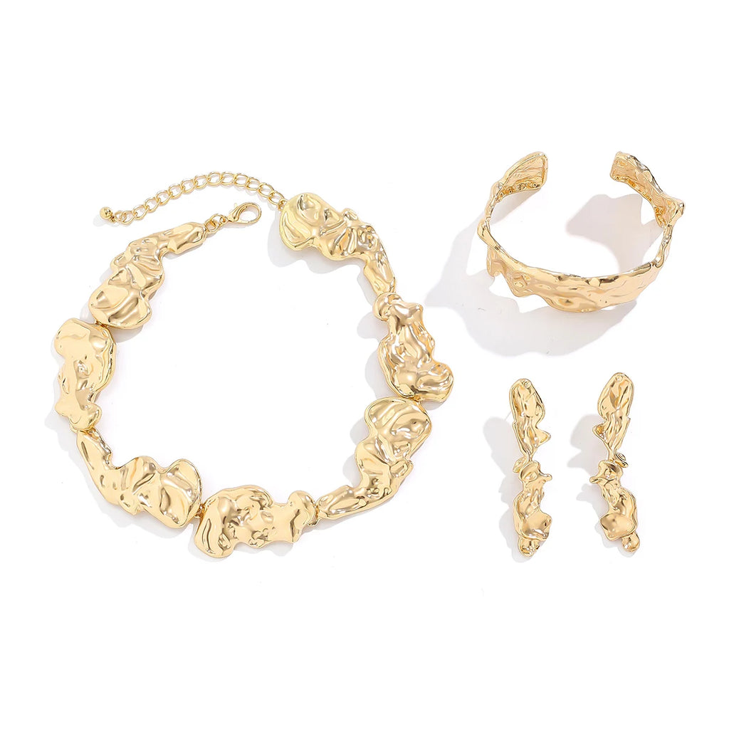 3Pcs Exaggerate Heavy Metal Liquid Irregular Necklace Vintage Statement Pleated Choker Women's Steampunk Jewelry Sets