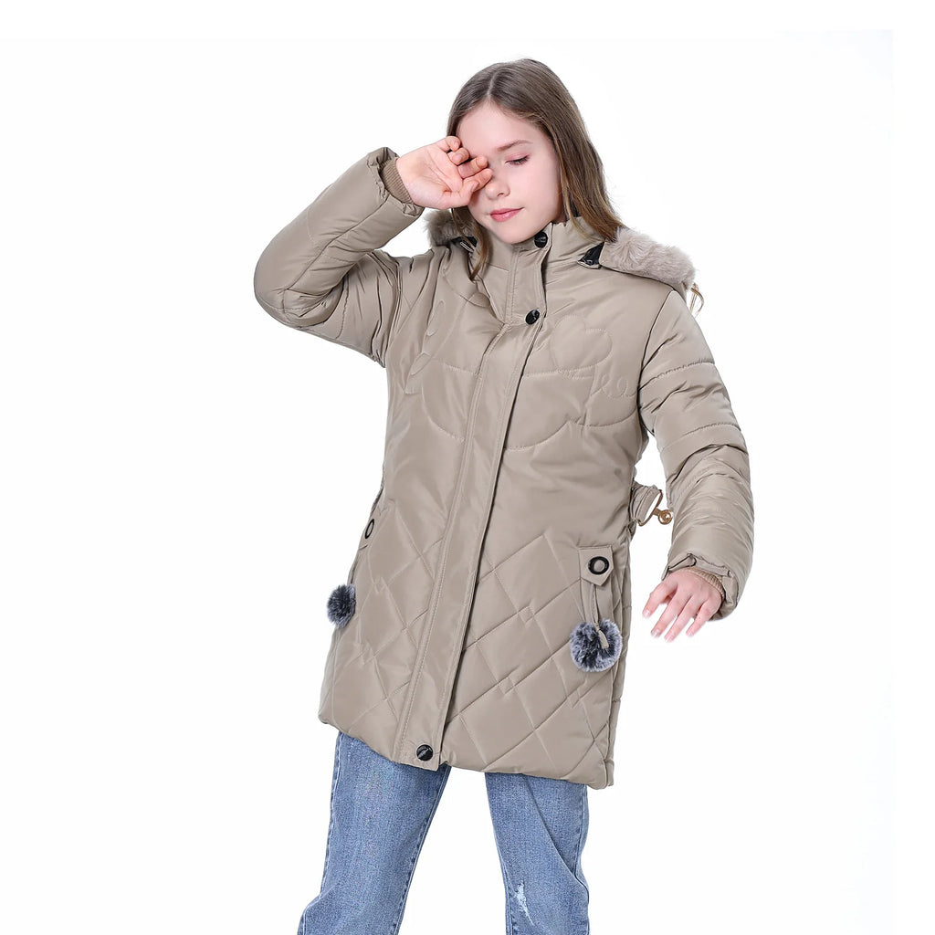 Winter Girls Jacket,Warm Thick Cotton Coat,Fashion Fur Hooded Children's Outerwear,Hairballs Zipper Elastic Waistband Coats