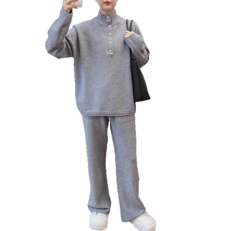 Pant Set Women Two Piece Sets Stand Collar Full Sleeve Knit Tops Wide Leg Long Pants Lace Up Elastic Waist Y2k Streetwear