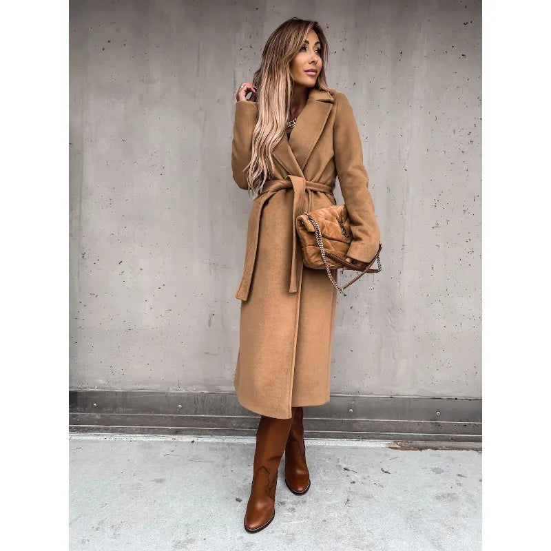 Autumn Winter Women Woolen Jacket Top Outwear Elegant Fashion Long Sleeve Lapel Collar Belt Trench Coat Overcoat Streetwear