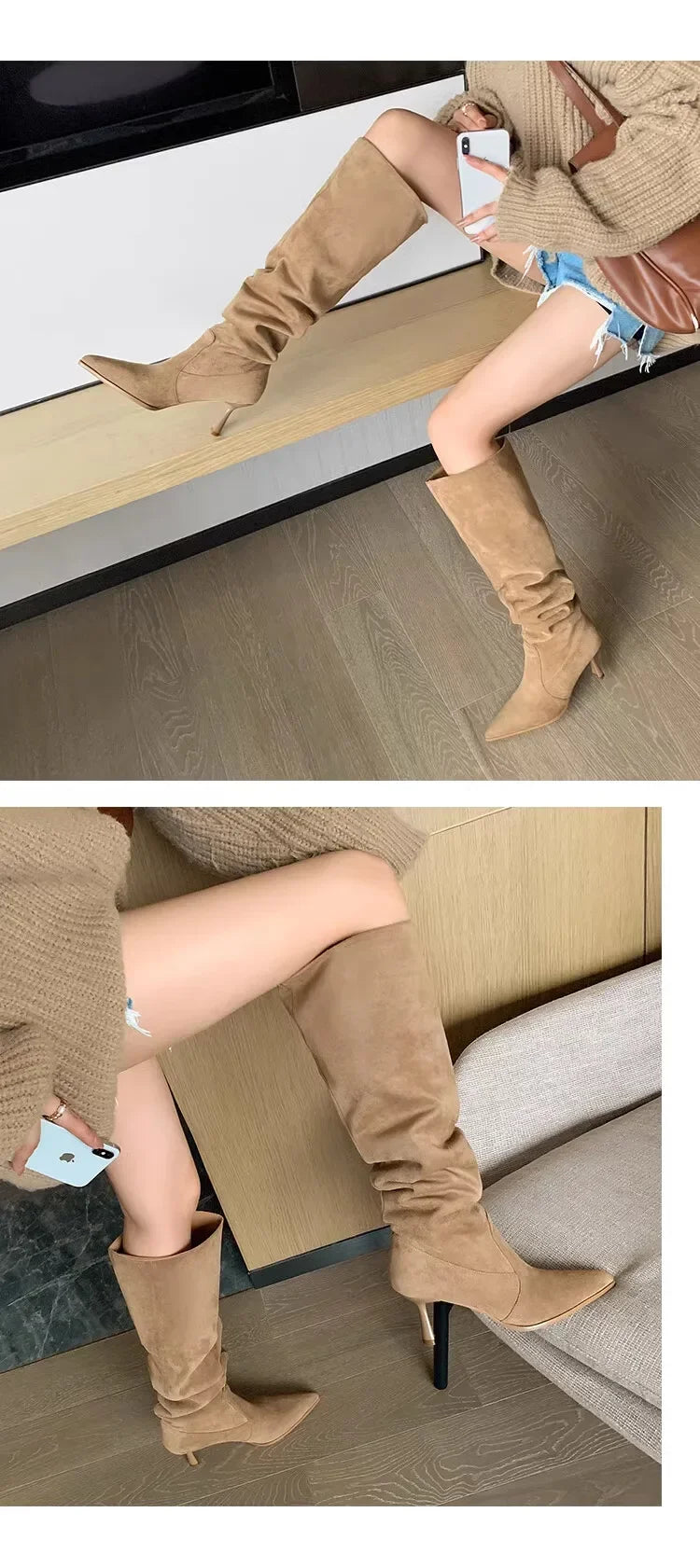 Women Pointed Toe Thin High Heels Ankle Boots  Autumn Fashion Pleated Cowboy Women Faux Suede Woman Slip on Western Botas