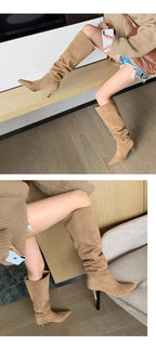 Women Pointed Toe Thin High Heels Ankle Boots  Autumn Fashion Pleated Cowboy Women Faux Suede Woman Slip on Western Botas