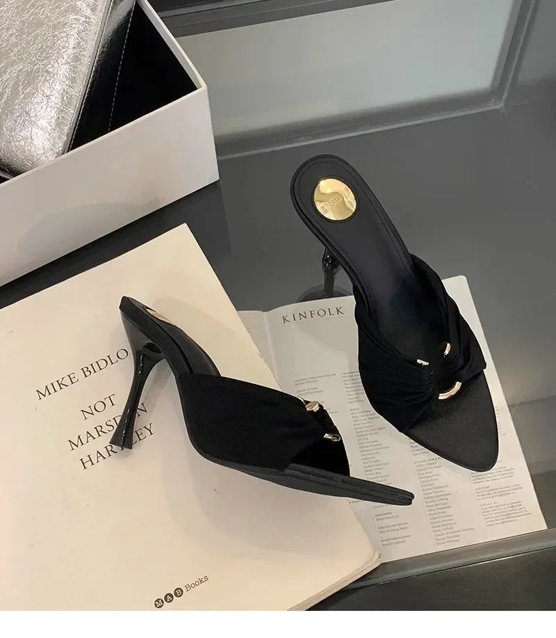 Elegant Woman Heeled Shoes 2025 New Open Toe Slippers Women Fashion Outdoor Metal Decoration Summer Plus Size Dress High Heels