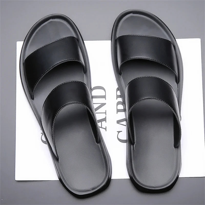 Slippers for Men Luxury Brand Leather Casual Slippers 2025 Summer New Beach Slippers for Men Non Slip Flat Sandals Large Size48