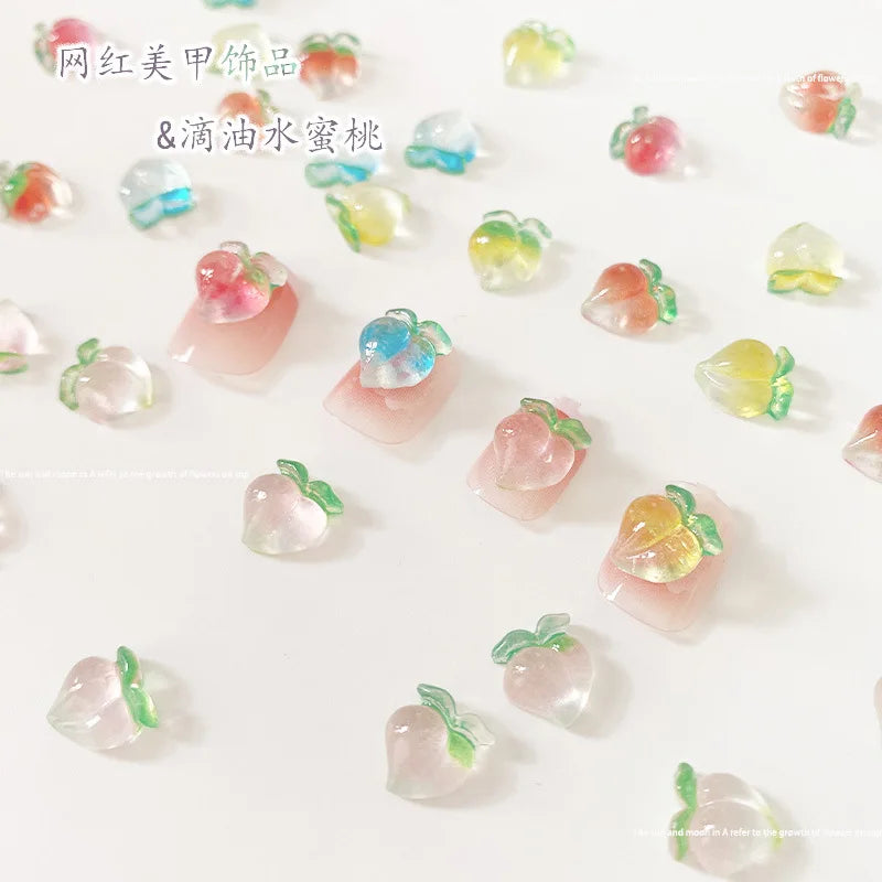 10pcs Kawaii Clear Peach Apple Nail Art Charms Resin Ice Transparent Fruit Rhinestones Nail Decorations DIY Jewelry Accessories