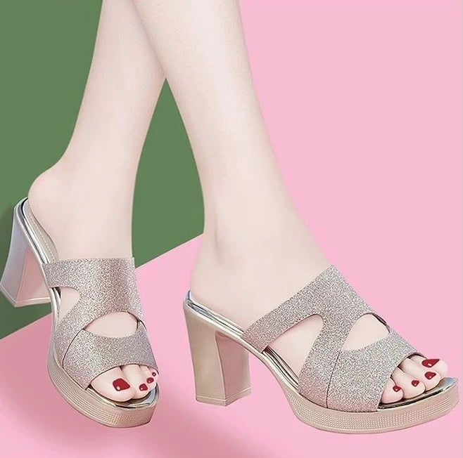 Woman Slippers Sexy Shoes for Women Job Leather Sandals Heeled Slides Black Summer 2024 on Sale Offer Comfortable and Elegan 39