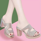 Woman Slippers Sexy Shoes for Women Job Leather Sandals Heeled Slides Black Summer 2024 on Sale Offer Comfortable and Elegan 39