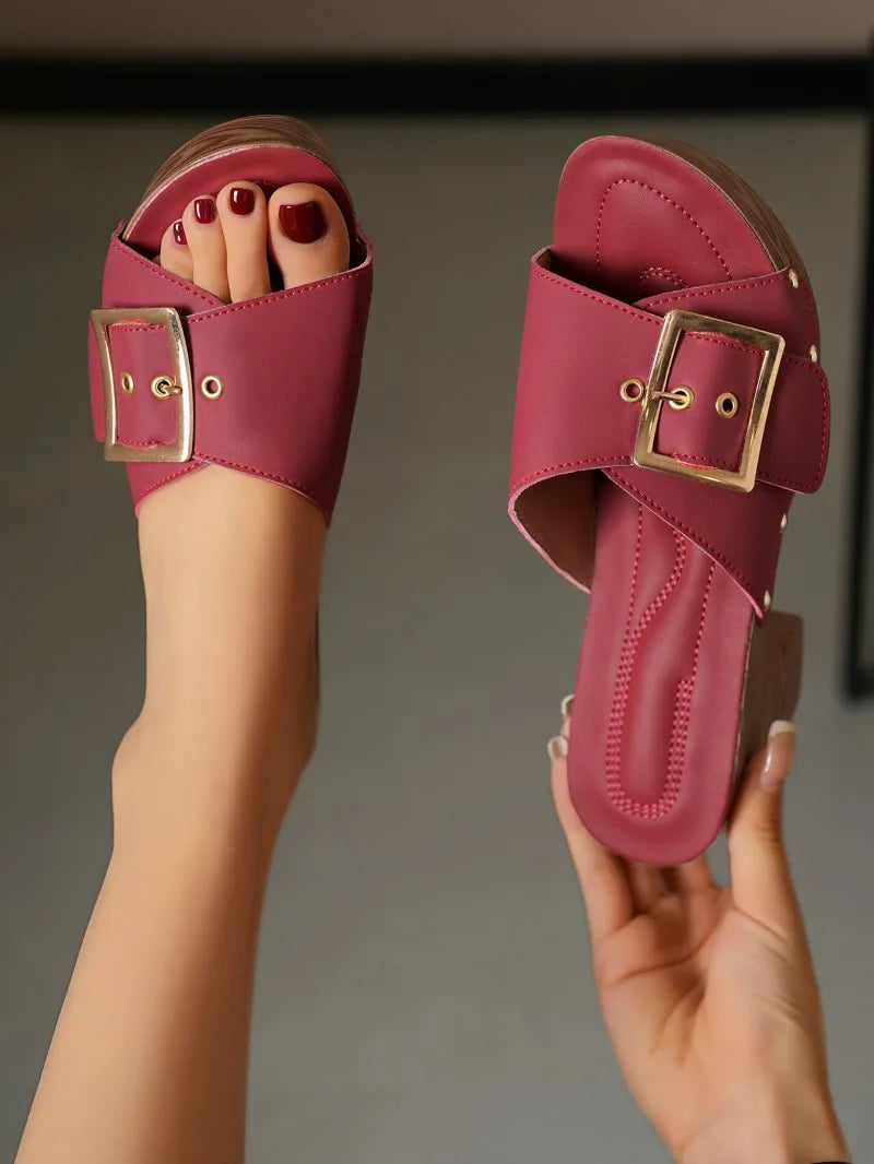 Women Slippers 2025 Summer New Fashion Elegant Soft Platform Shoes Ladies Chunky Heels Buckle Designer Slippers
