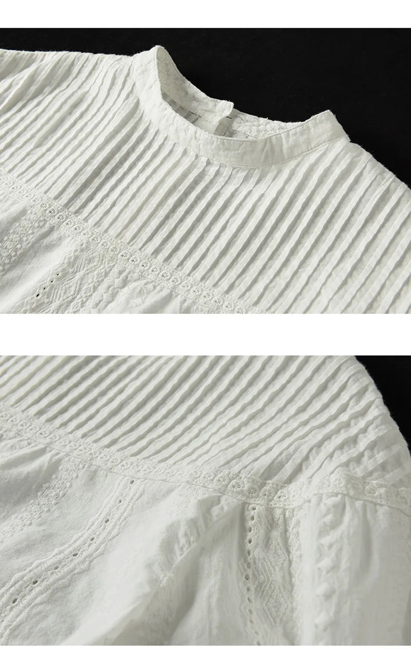 Women's elegant blouses 100% cotton embroidery hollow out white black shirts ladies office wear women long sleeve tops