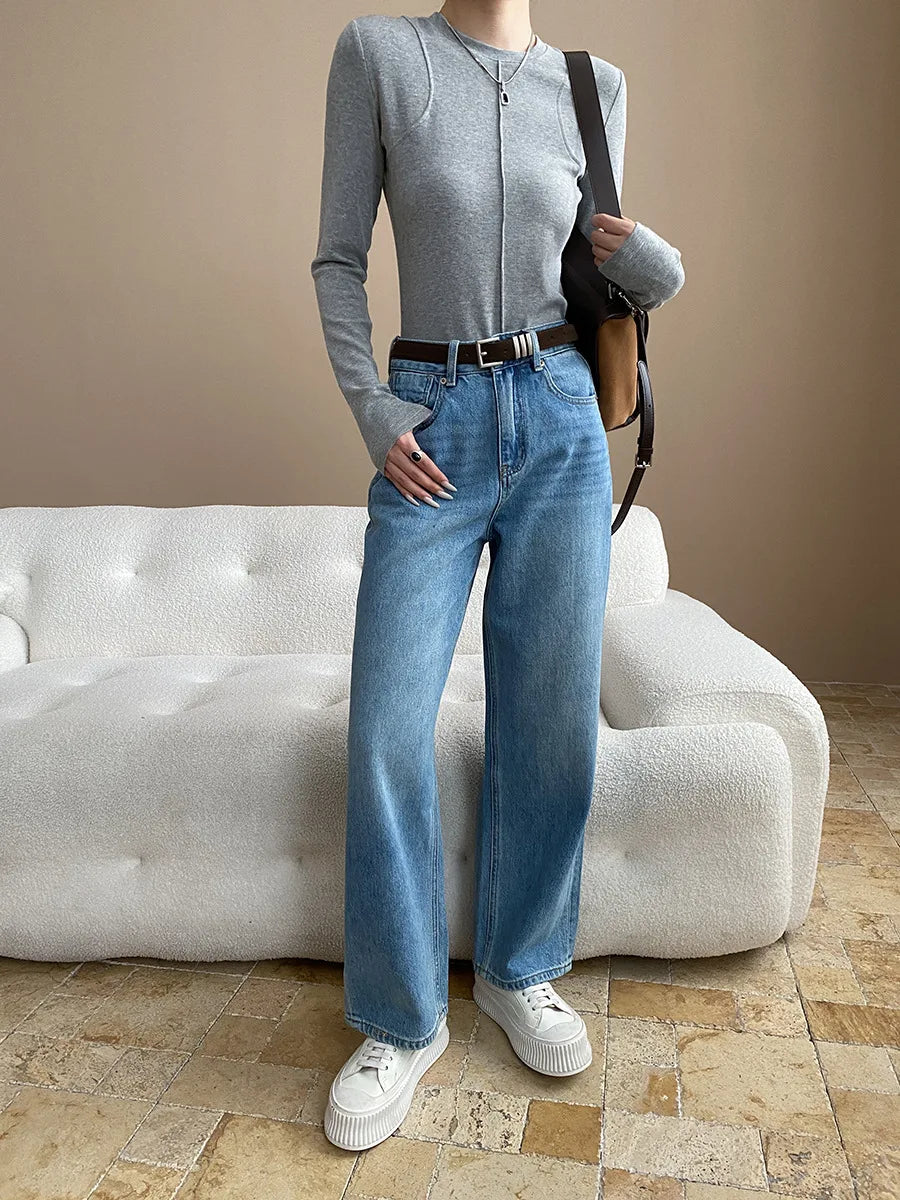 Women's casual stitching slim fit shoulder slimming base long sleeved T-shirt