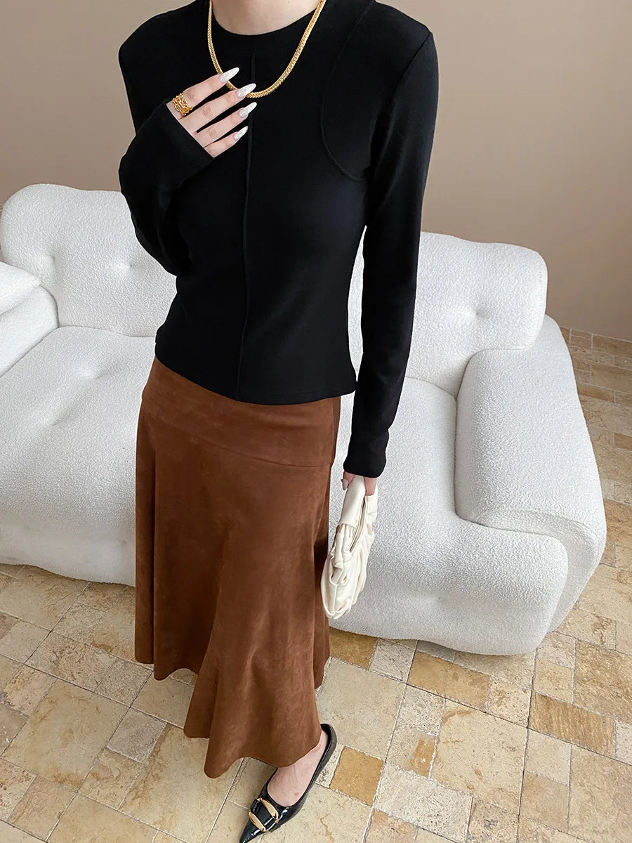 Women's casual stitching slim fit shoulder slimming base long sleeved T-shirt