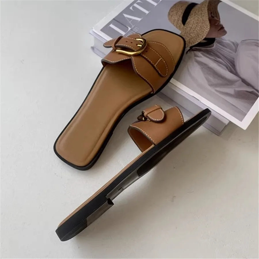 Slippers for Woman 2025 Summer Beach Flats Ladies Buckle Slides Gladiator Sandals Luxury Leather Mules Zapatos Mujer