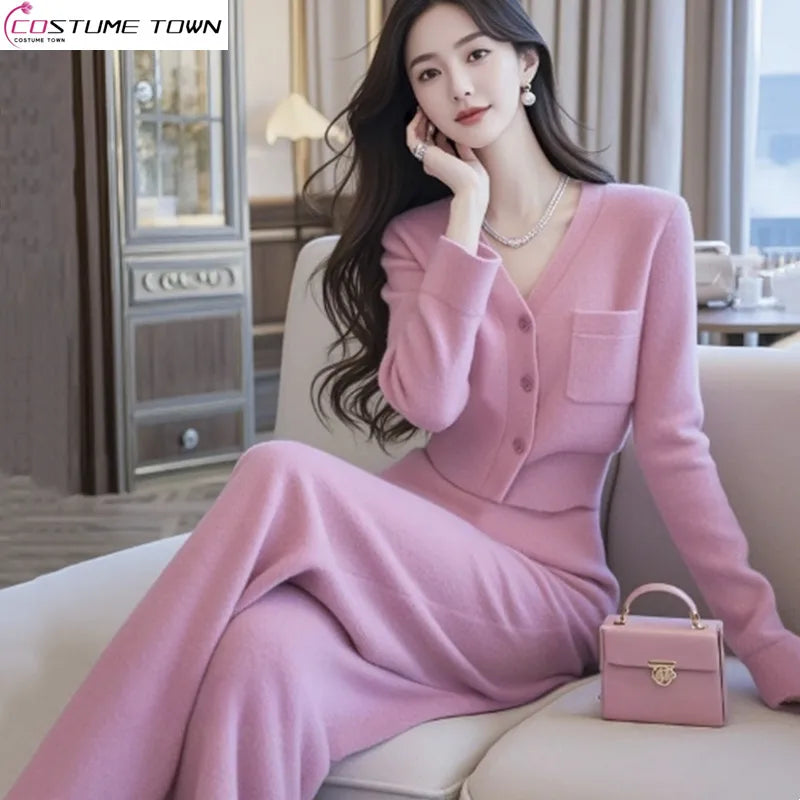 Autumn and winter new set fashionable temperament small fragrant style sweater+wide leg pants two-piece set