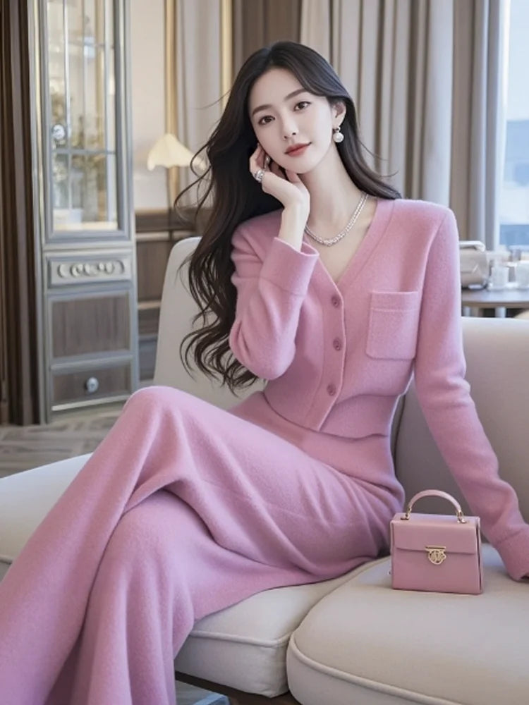Autumn and winter new set fashionable temperament small fragrant style sweater+wide leg pants two-piece set