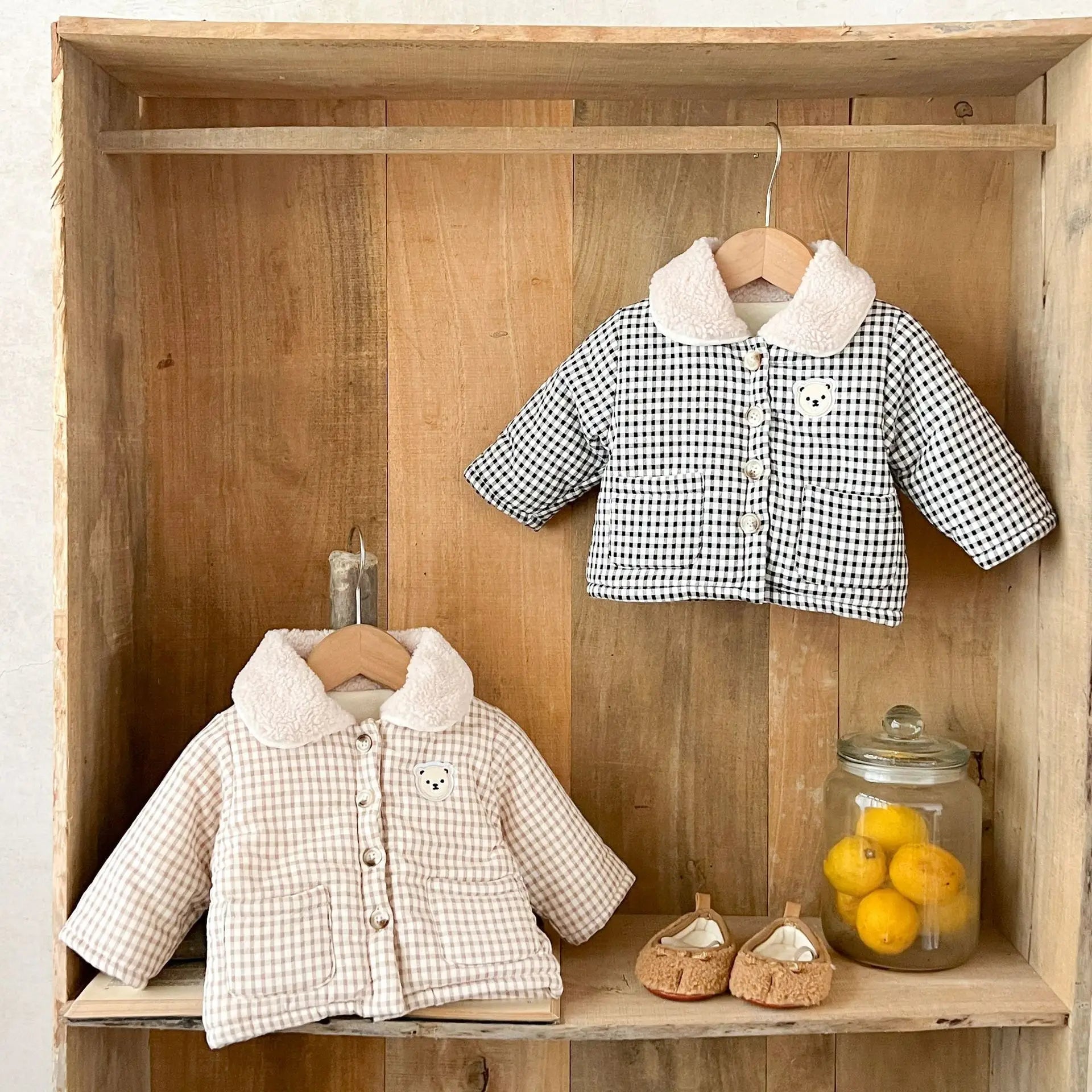 Winter Baby Girl Clothing  Plaid Coat Warm Fleece Lined Cartoon Bear Embroidery Children Cotton Padded Jacket