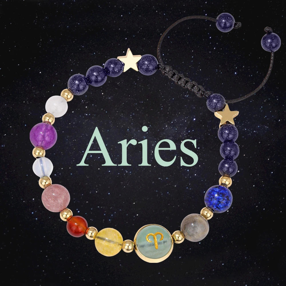 Natural Stone Constellation Bracelet Aries Leo Sagittarius Zodiac Sign Stone Bead Bangle Handmade Jewelry Birthday Gift