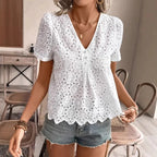 Woman Clothing Blouse Embroidered With Lace Eyelets, Elegant Short -sleeve Top With Neck For Spring And Summer, Women's Clothing