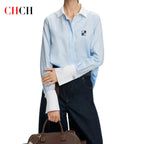 Simple New Women's Shirt Splicing Design Embroidery Flowers Elegant and Versatile Spring and Summer Striped Women's Tops