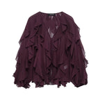Women's Casual Ruffled Shirt Loose Lace Up Hollow Out V Neck Tops 2025 Spring Blouses Women Clothes