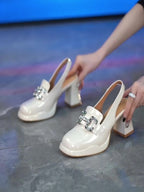 High Heels Pumps Female  Women Chunky Platform Summer Leather Shoes Woman Luxury Rhinestone Design Ankle Straps Party Shoe