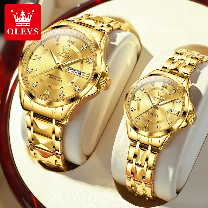 OLEVS 2906 Couple Watch Luxury Stainless Steel Waterproof Clock Fashion Roman Scale Diamond Calendar Dial Men Women Quartz Watch