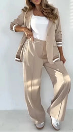 Pant Sets Women Wide Leg Pants Two Piece Set Button Coats Matching Sets Patchwork High Waist Elegant Trousers Pockets Sporty