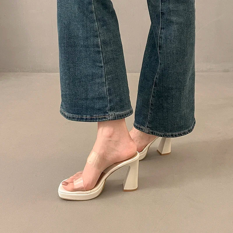 Women's Clear Sandals Summer Elegant Ladies Causal Mules Slippers Open-toe Sexy Luxury Women Fashion High Heels Platform Sandals