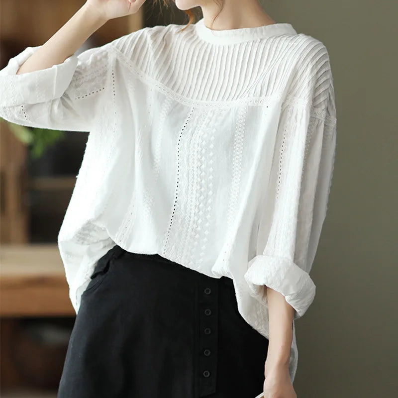 Women's elegant blouses 100% cotton embroidery hollow out white black shirts ladies office wear women long sleeve tops