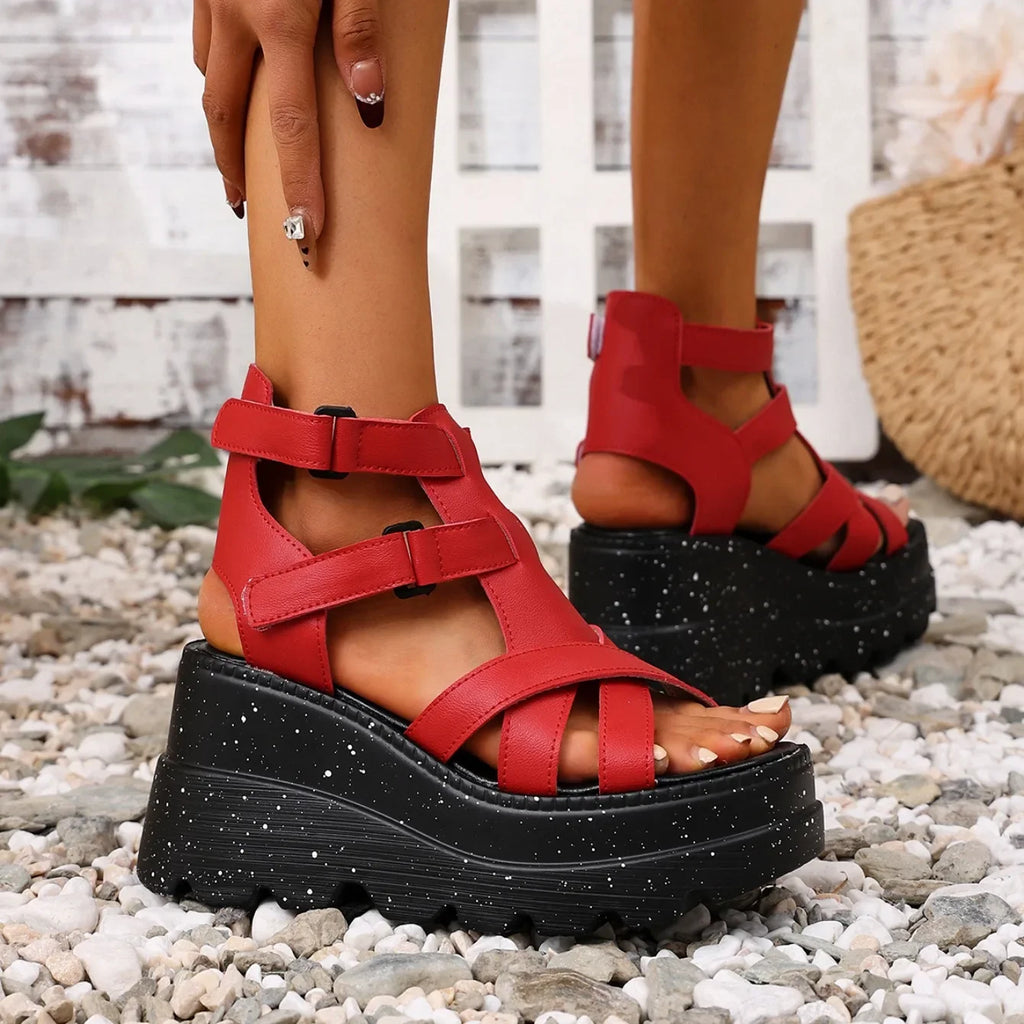 Women Sandals Summer Fashion Leather Platform Female Sandals Gladiator High Heels Sandals Women Chunky Outdoor Wedges Woman Shoe