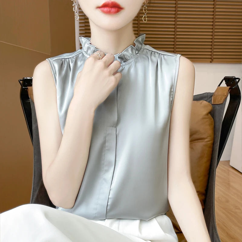 Women's T-shirt Ruffled Stand Collar Sleeveless Tops Loose Spring Summer Solid Tops Innerwear Casual Silk Ladies Tees Undershirt