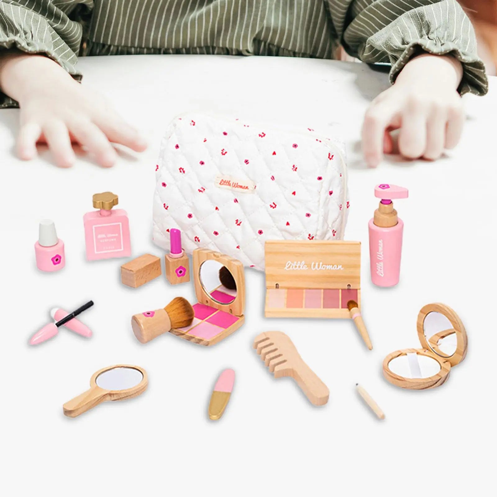 Makeup Toy Kits Wooden Makeup Toys with Cosmetic Bag for Girls Role Playing Games Pretend Play Makeup Beauty Set Birthday Gifts