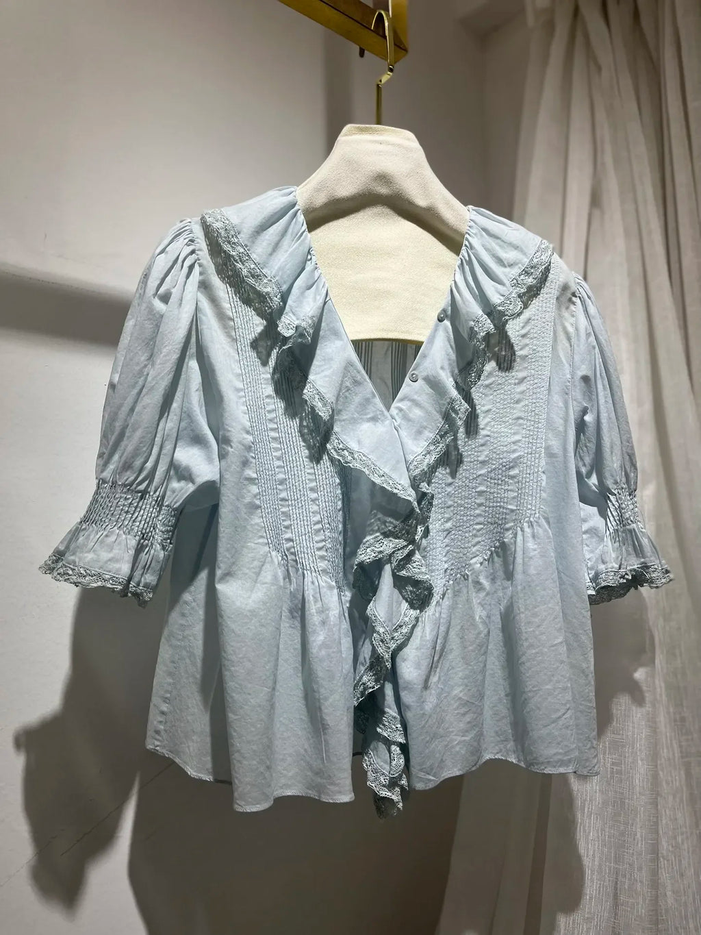 Lace Stitching Women's Pleated Blouse Summer Ruffles Edge V-Neck Puff Sleeve Casual Female Shirt