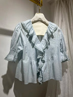 Lace Stitching Women's Pleated Blouse Summer Ruffles Edge V-Neck Puff Sleeve Casual Female Shirt