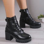 Women's High Heels Ankle Boots for 2023 Black PU Leather Platform Short Boots Woman Side Zipper Thick Heeled Punk Botas De Mujer