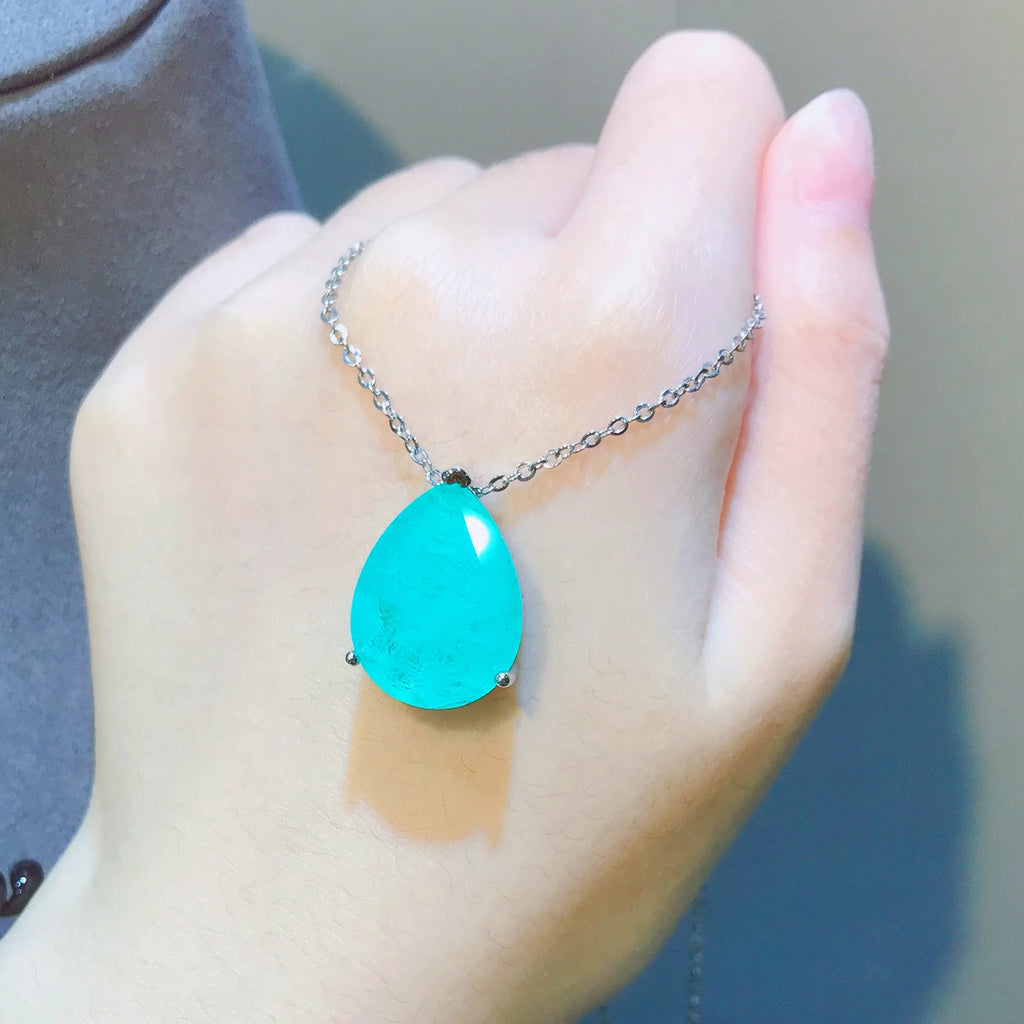 Silver Water-drop Shape Paraiba Tourmaline Gemstone Earrings Necklace Set for Women Temperament Ladies Trendy Vintage Jewelry